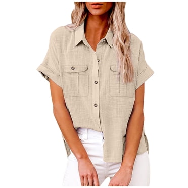 lcziwo Sales Today Clearance Womens Plus Linen Shirts,Womens Short Sleeve Button up Shirts Summer Cotton Linen Blouse V Neck Collared Tops Loose Casual Ladies Clothes Beige,S