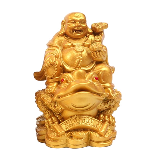 Laughing Buddha Money Fortune Chinese statue made of resin, measuring 7.2 cm (2.8 inches) in height. The golden Buddha is seated on a frog with red eyes, holding a gold ingot and coins, symbolizing wealth, good luck, and prosperity. Suitable for home decor, shelf, tabletop, or as a Feng Shui decorative piece. Ideal as a traditional gift for newlyweds, couples, or housewarming occasions.