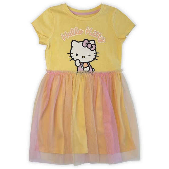 Hello Kitty Robe tutu à Manches Courtes pour Filles en Jaune avec un Haut T-Shirt en Mélange Doux Coton-Poly et un Imprimé Hello Kitty et Texte, Assorti à une Jupe tutu en Maille Colorée en Rose et Jaune, Conçue pour un Usage Décontracté et un Entretien Facile Lavable à la machine.