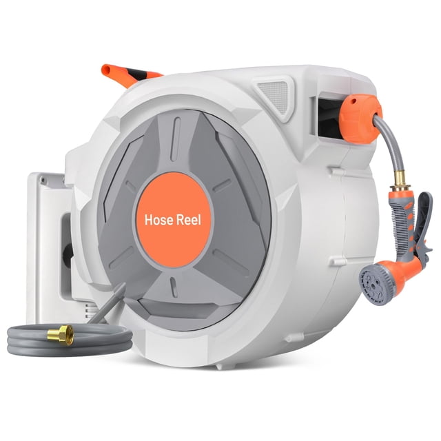 Retractable Garden Hose Reel 1/2 Inch x 130Ft,Wall Mounted Hose Reel with 9 Function Sprayer Nozzle,- Auto Rewind System