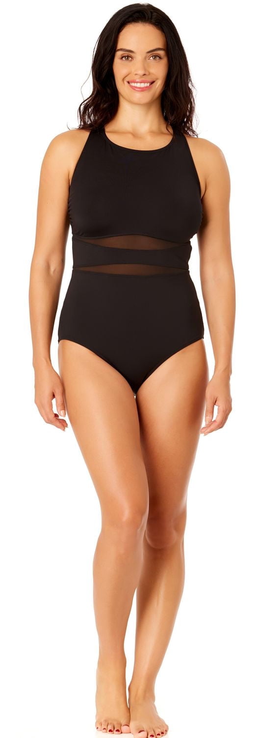 Lands' End Women's Size S-XXL Nylon Spandex High Neck One-Piece Swimsuit with Mesh Detail