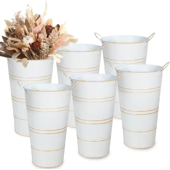 12 Inch Galvanized Metal Vases for Flowers - 6 Pcs Farmhouse Decorative Tall Flower Bucket with Handles, Rustic French Tin Planter Buckets for Wedding Decor (White)