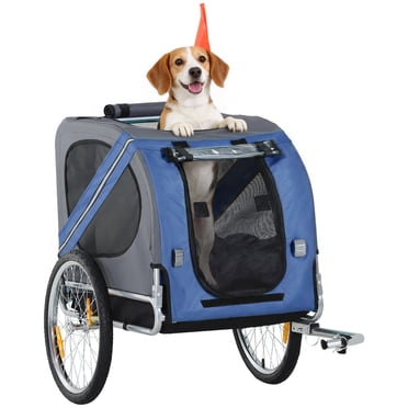 Aosom Remorque de Vélo pour Chien, Chariot pour Animal, Chariot de Bicyclette, Transporteur de Cargaison, Accessoire pour Voyage avec 3 Entrées, Grandes Roues pour Tout-Terrain et Écran en Maille, Bleu