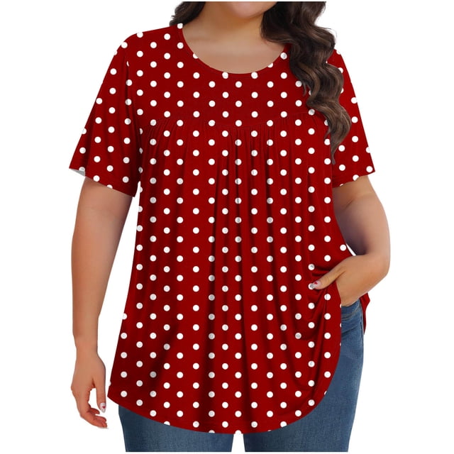Plebaso Hauts pour Femmes Grande Taille Manches Courtes Blouses Plissées Décontractées Col Rond Été Tuniques Amples