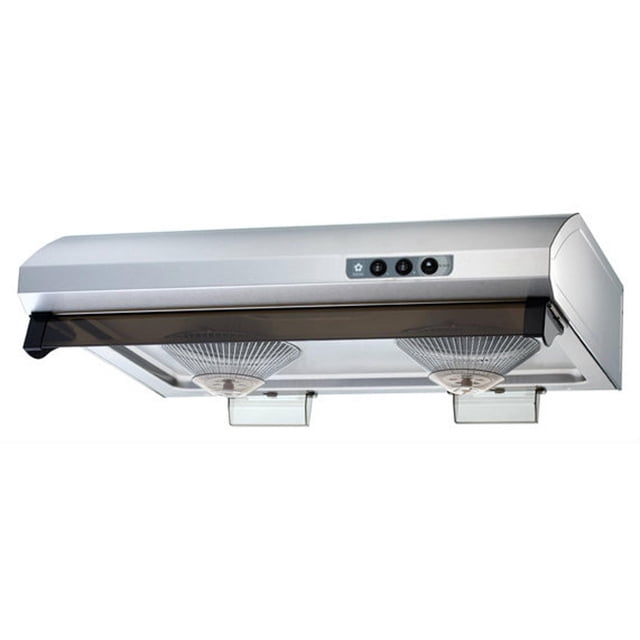 Sakura 30" R747-II Stainless Steel Range Hood with 710 CFM twin centrifugal turbo fans and front smoke cover, featuring brushed stainless steel and black tinted glass, designed for efficient kitchen ventilation and grease trapping under cabinets.
