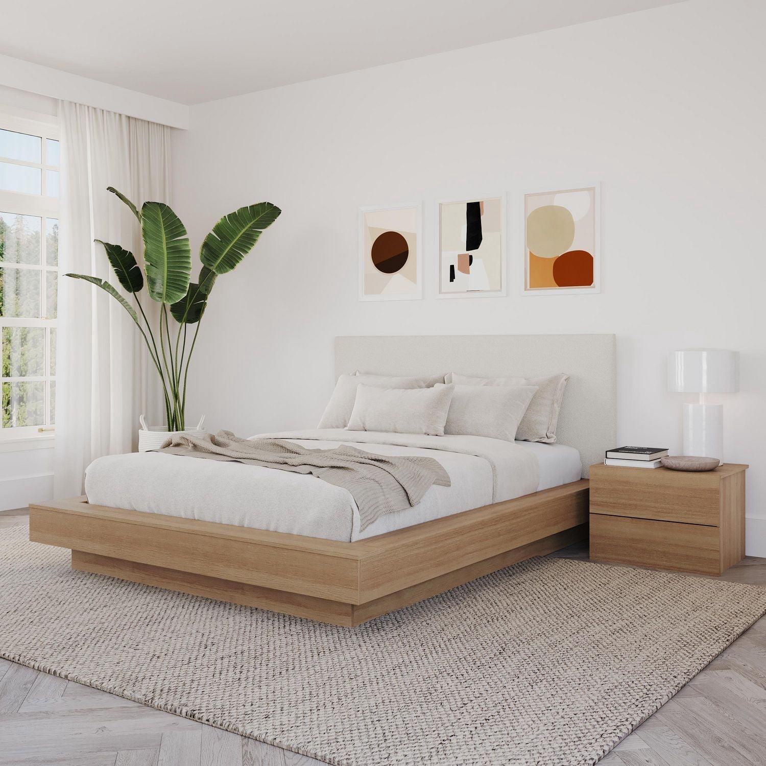 Ensemble de chambre à coucher Marko 3 pièces avec lit plateforme, tête de lit rembourrée et table de chevet