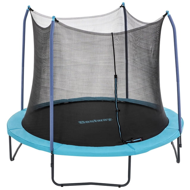 Bestway Trampoline Xtreme Air de 10 Pieds avec un Tapis de Saut en Polypropylène Noir Résistant aux UV Mettant en Vedette le logo Bestway, une Housse à Ressorts Rembourrée en Mousse EPE Bleue et un Filet de Sécurité en Polyéthylène Noir Soutenu par des Poteaux en Acier Galvanisé Recouverts de Mousse Bleue. Il a un Cadre en Acier Enduit de Poudre avec des Pattes en U et Supporte jusqu'à 200 Lb, Convient pour une Utilisation dans la Cour Arrière.