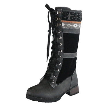 jovati Bottes Mi-Hautes pour Femmes d'Hiver en Molleton à Lacets avec Fermeture Éclair Latérale à Talon Carré à Talon Bas