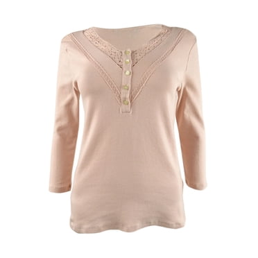 RALPH LAUREN Womens Pink Lace Henley Neck Logo Button Front 3/4 Sleeve Top L