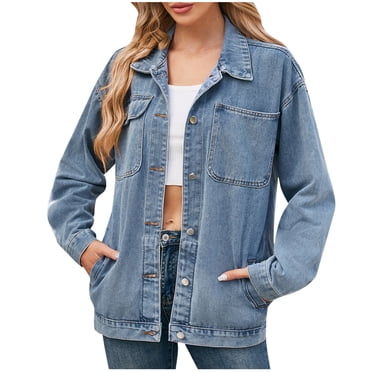 Yuyuzo Denim Jackets for Women Trendy Oversized Button down Jacket Long Sleeve Jean Biker Coat