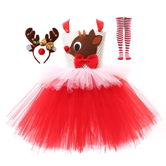 KAWELL Reindeer Deer Costume Tutu for Girls Dress up Halloween Christmas Animal Costume Birthday Giraffe Antlers Headband