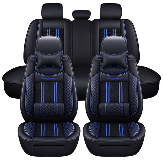 Maidao Car Seat Covers Leather Full Set for Mazda for Mazda3 2010-Present 5 Seats Waterproof Front Rear Cushion Protector with Pillow and Headrest Black and Blue
