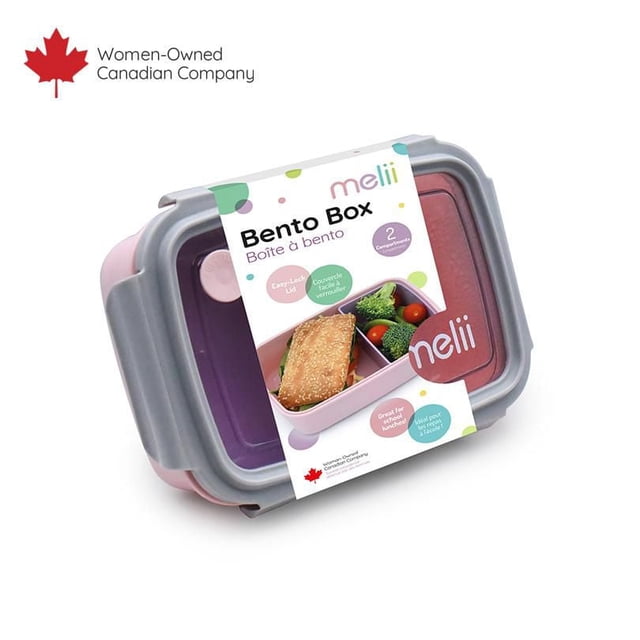Bento Box with Removable Divider by Melii, a pink and purple two-compartment food storage container with a clear easy-lock lid, ideal for school lunches and everyday use, featuring a removable divider for flexible portioning and secure locking.