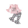 thumbnail image 1 of Kmbangi Toddler Girl Fall Clothes Letter Print Long Sleeve Crewneck Ribbed Tops Flare Pants Set 2Pcs Outfit, 1 of 9