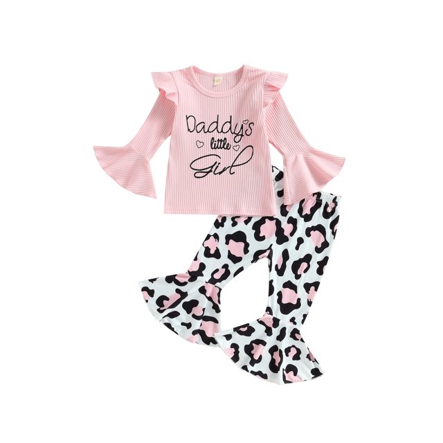 Kmbangi Toddler Girl Fall Clothes Letter Print Long Sleeve Crewneck Ribbed Tops Flare Pants Set 2Pcs Outfit