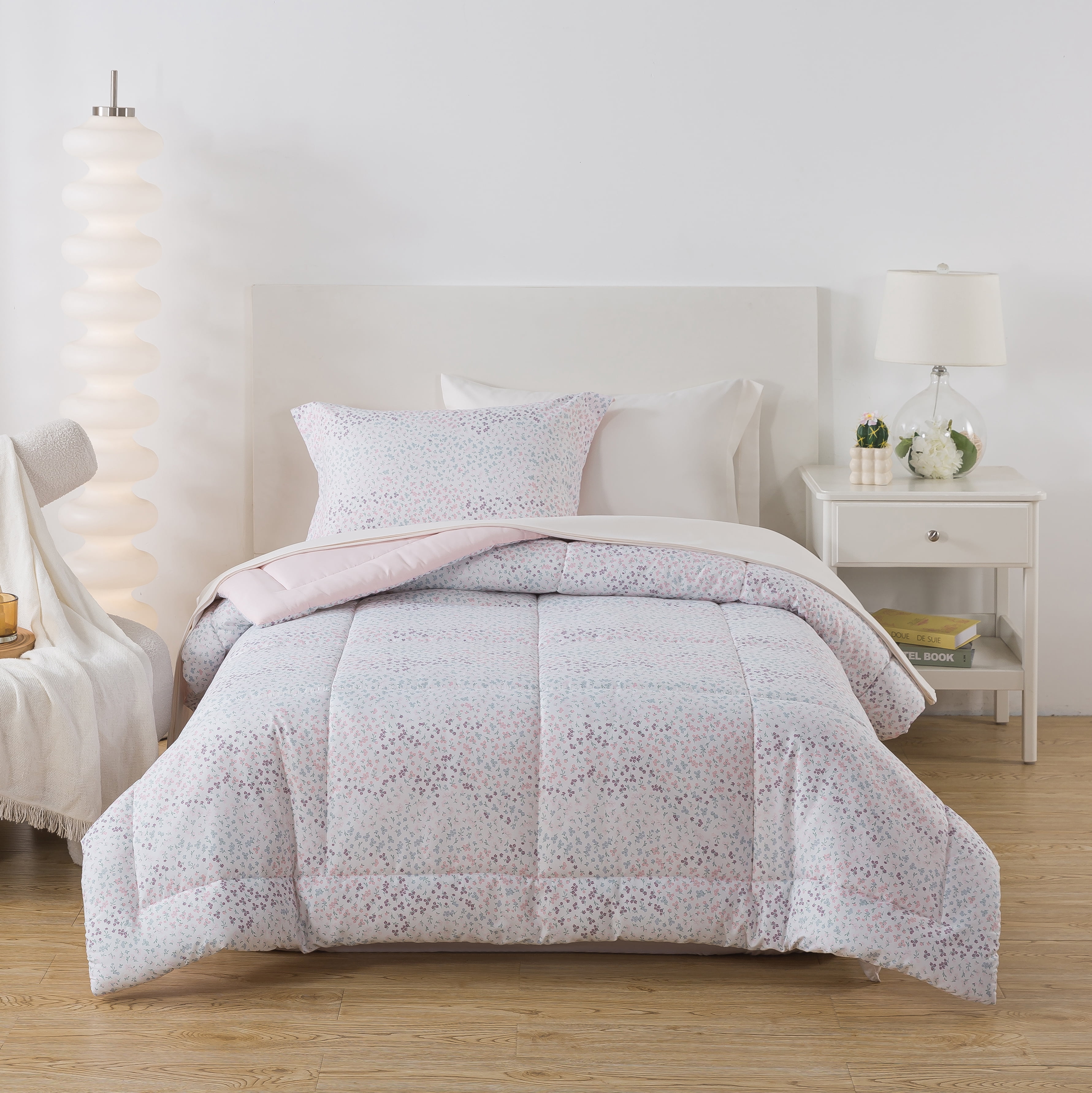 Mainstays – Ensemble de literie tout-en-un réversible avec couette et draps, 5 pièces, format simple très grand (Twin XL), rose blush