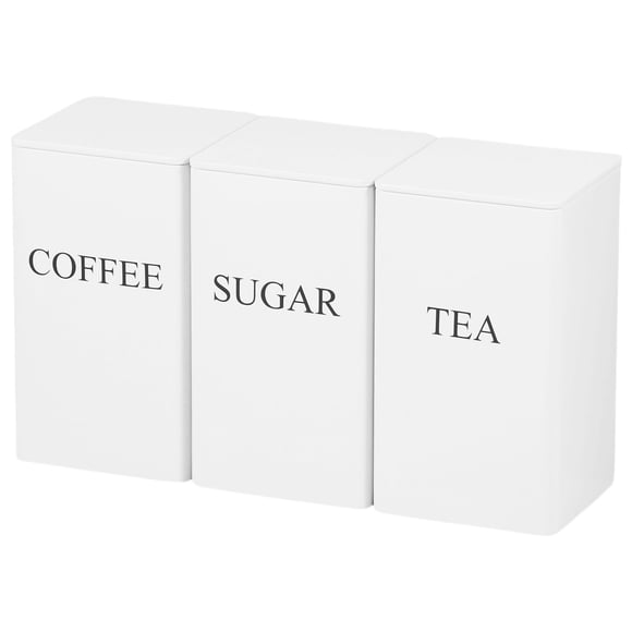 3 Pcs Coffee Tea Sugar Container Set, 3.35x3.35x5.9 Inch,Metal Teas and Coffee Canisters Set with Lids, Black Canisters Sets for Kitchen,Food Storage Container Jars for Kitchen Counter Storage(White)
