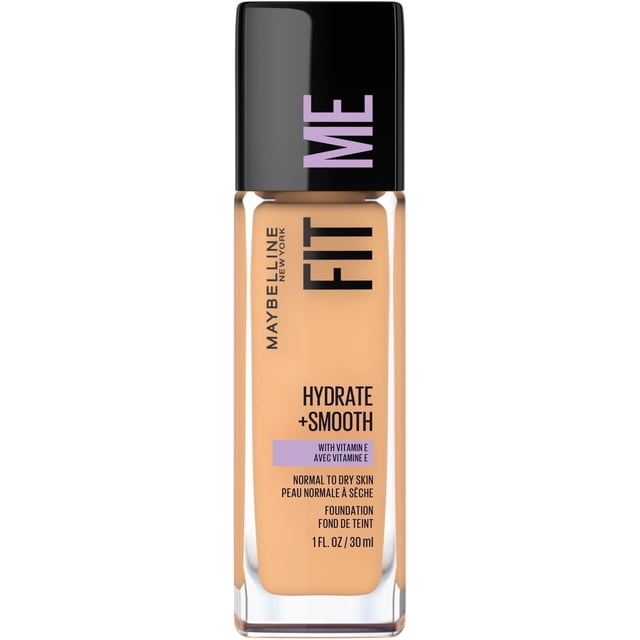 Foundation Fit Me Dewy Finish Hydrate + Smooth by Maybelline New York, a 30 ml liquid foundation in a clear glass bottle with a black cap, showing a medium beige shade. It hydrates and smooths normal to dry skin with vitamin E for a natural luminous finish.