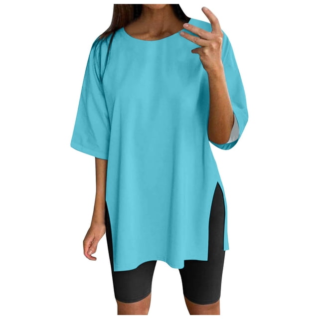 WEIYLL Womens Tshirt Oversize Sports Summer Solid Tunic Loose With Slits Sky Blue Tops Sizes M