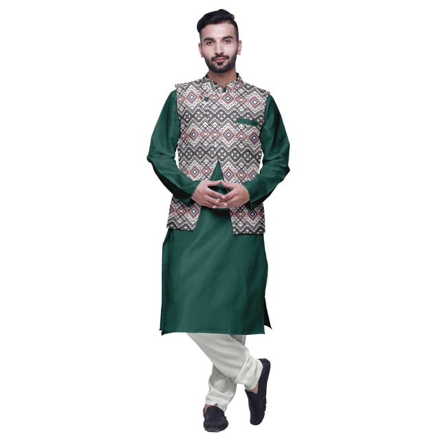 Atasi Indian Mens Kurta Churidar Pajama Jacket Set Solid Ethnic Wear For Men