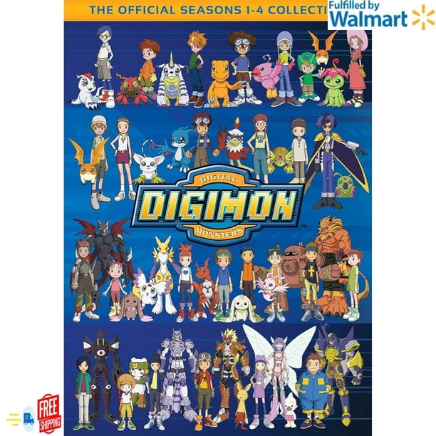 Digimon Collection Seasons 1-4 DVD set featuring 205 episodes across 32 discs. The cover showcases characters and Digimon from the first four seasons, including Tai, Agumon, and other Digidestined, set against a blue background with the Digimon Digital Monsters logo prominently displayed.