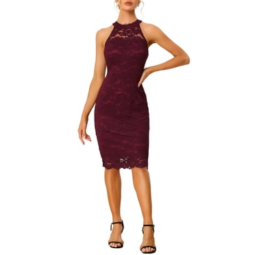 INSPIRE CHIC Robe Midi Fourreau Moulante de Cocktail Élégante pour Femme en Dentelle, Col Licou, Sans Manches, TP Bourgogne
