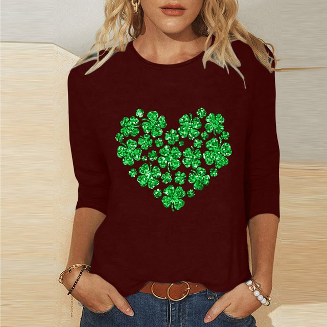 T-Shirt Ample à Manches Trois-Quarts et Col Rond Imprimé pour la Saint-Patrick pour Femmes