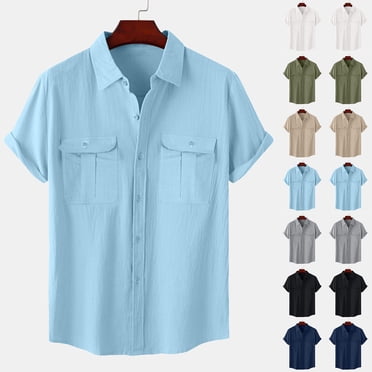 Txeol Men's Cotton Linen Collar Shirt with Pockets Solid Color Plain T-Shirts Casual Button Down Classic Short Sleeve Lapel Tops,Black,L