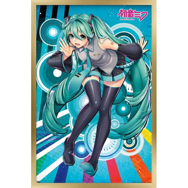 Hatsune Miku - Affiche Murale « Whisper » avec Cadre Magnétique, 22,375 Po x 34 Po Présentant une illustration de Style Anime d'Hatsune Miku aux Longues Queues Jumelles Sarcelle, Portant une Tenue Gris et Sarcelle avec des Bas Cuisse Noirs, Posée de Façon Dynamique sur un Fond Bleu Vif avec des Éléments Graphiques Circulaires et Rayés, Encadrée dans un Cadre Magnétique en Bois Clair, Convient pour Décorer des Chambres, des Bureaux Ou des Résidences Étudiantes.