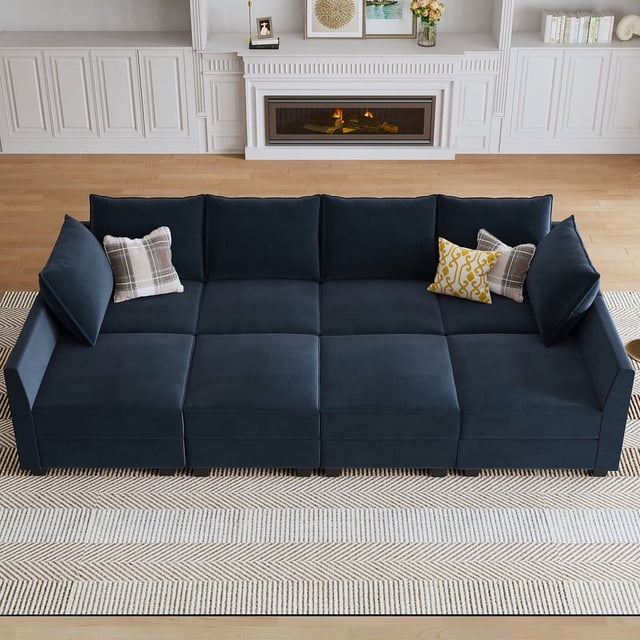 HONBAY Velvet Oversized Sleeper Sofa Bed with Storage and Reversible Chaises in navy blue, designed for living room seating. The modular sectional sofa features hidden storage under each seat and ottoman, removable and washable covers, and a solid wood frame for durability. Perfect for apartments or houses.