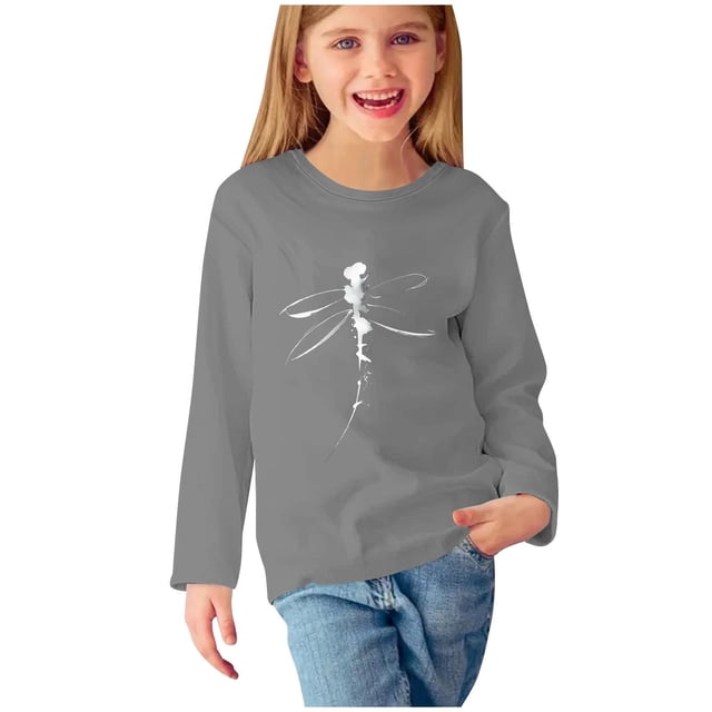 T-shirts à Manches Longues pour Filles, Col Rond, en Coton, Imprimé Libellule, T-Shirts Décontractés d'Automne et de Printemps, T-Shirts Graphiques Basiques pour Enfants (11 Ans, Gris)