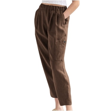 Womens Pants Summer Pants Casual Solid Color Elastic Waist Linen Pockets Pants Casual Pants for Women Brown S