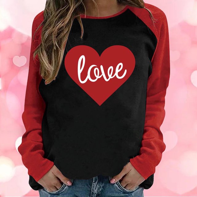 Qertyioot Chandail Cœur d'Amour Saint-Valentin Grande Taille, Haut à Manches Longues pour Femme à Col Rond, Haut Décontracté Raglan à Panneaux Contrastés de Couleur, Coupe Ample, Imprimé, Blouse à Manches Longues à Col Rond