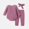 thumbnail image 2 of PatPat Baby Girls Outfits Sets, Infant Clothes 3pcs Baby Girl Solid Cotton Ribbed Ruffle Trim Bow Front Long-sleeve Romper and Pants with Headband Set, 2 of 6