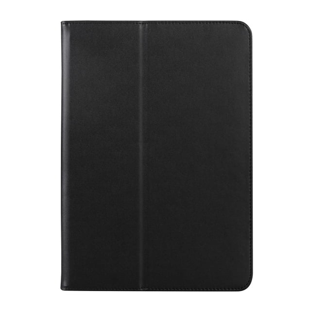 Habitu Universal Folio Case for 9" - 11" Tablets in black smooth vegan leather, slim and lightweight with stitched edges and a central fold for multiple stand angles, offering all-around protection and easy access to buttons and ports, also suitable for storing small accessories.