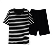 GDREDA Men Pajamas Men's Pajama Set Mens Striped Set For Men Classic Short Sleeve Sleepwear For Loose Casual Pyjamas Men's Pajama & Loungewear Black,XXXL