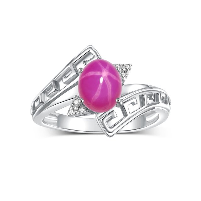 RYLOS Rings for Women 14K White Gold Greek Key Designer Ring 9X7MM Gemstone & Diamond Ring July Star Ruby Jewelry Size 6