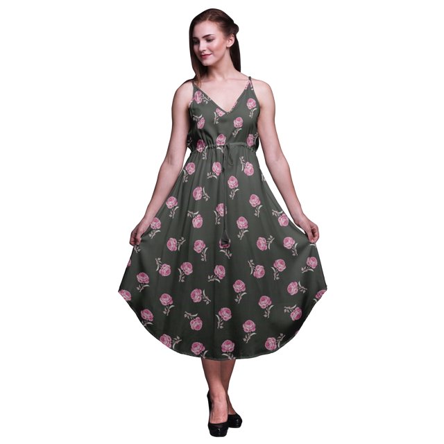 Bimba Robe Midi à Cordon Imprimée Florale pour Femmes, Bretelles Spaghetti, Tenue de Plage, Très Grande Taille