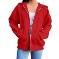 thumbnail image 1 of VINUSLI Womens Plus Size Hoodies Full Zip Solid Color Drawstring Lightweight Hoodie with Pocket Long Sleeve Fall Sweatshirt Red,M, 1 of 7