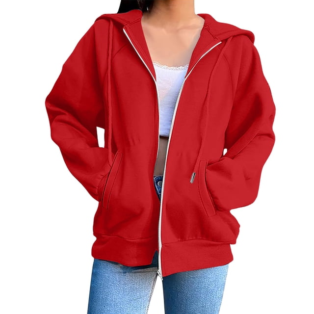 VINUSLI Womens Plus Size Hoodies Full Zip Solid Color Drawstring Lightweight Hoodie with Pocket Long Sleeve Fall Sweatshirt in red, size M. The hoodie features a full-zip front, adjustable drawstring hood, long sleeves, and two front pockets. Made of soft, moisture-wicking polyester fabric, it is designed for comfort and warmth during fall and winter. Styled with a casual fit, it pairs well with jeans or joggers for everyday wear.