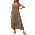 thumbnail image 1 of Robes d'Été pour Femmes Bohèmes à Bretelles Spaghetti, Smockées, à Étages, Longues, de Plage, Soleil, Sans Manches, Unies, Robe Maxi, 1 of 9