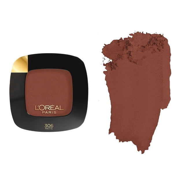 L'Oréal Paris Color Riche Eyeshadow Monos in red 306 matte, compact black square case with gold accent and logo, shown with a swatch of matte red powder highlighting its soft, velvety texture and rich color, ideal for detailed eye makeup looks.