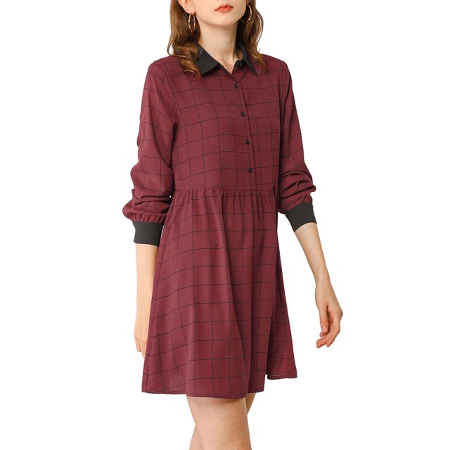 INSPIRE CHIC Robe-Chemise à Carreaux pour Femme à Manches Longues Boutonnée à Col Pointu