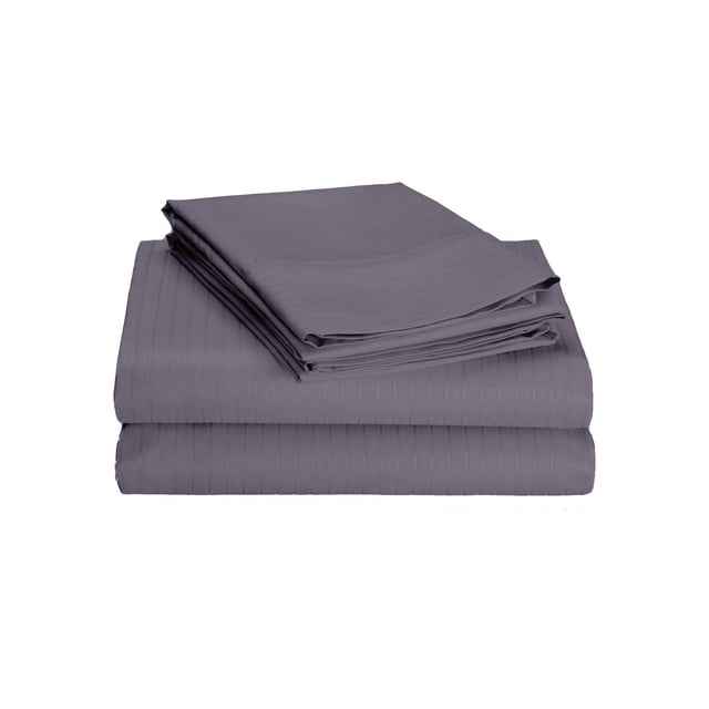Johnson Home 600 Thread Count Cotton Tuxedo Sheet Sets folded in a stack, showing a deep grey colour with subtle vertical stripes, made from breathable Egyptian cotton fabric for durable and comfortable bedding.