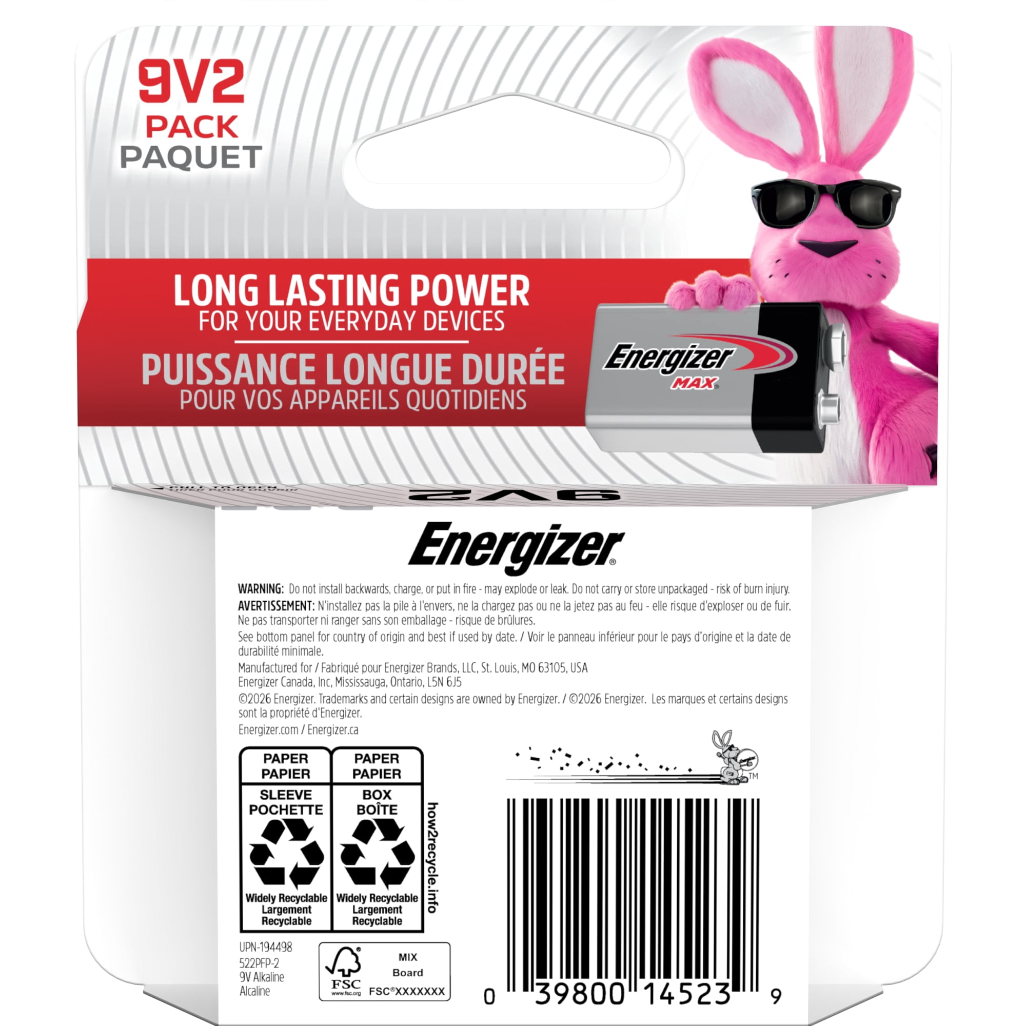 Piles alcalines 9 V Energizer MAX, 2
