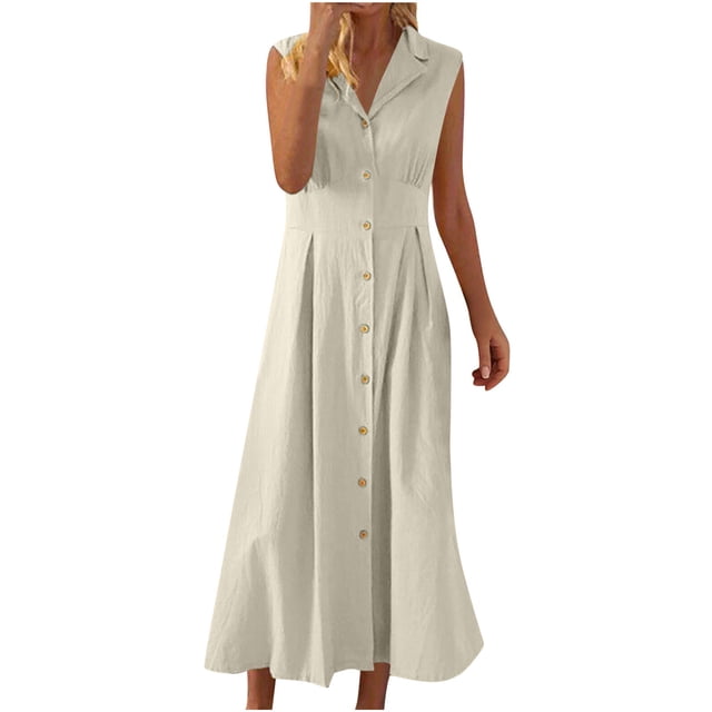 Amzcrzy Robes pour Femmes Couleur Unie Sans Manches Robes de Printemps Col en V à Boutons Robe d'Été Confortable Robe en Coton et Lin Tendance Col Rabattu Robes Maxi