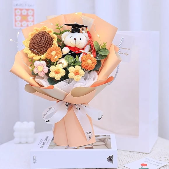 Coffret-cadeau de Collation des Grades 2025 avec Bouquet de Fleurs Tricoté, Ourson de Collation des Grades et Sac-Cadeau pour Finissants du Secondaire et du Cégep