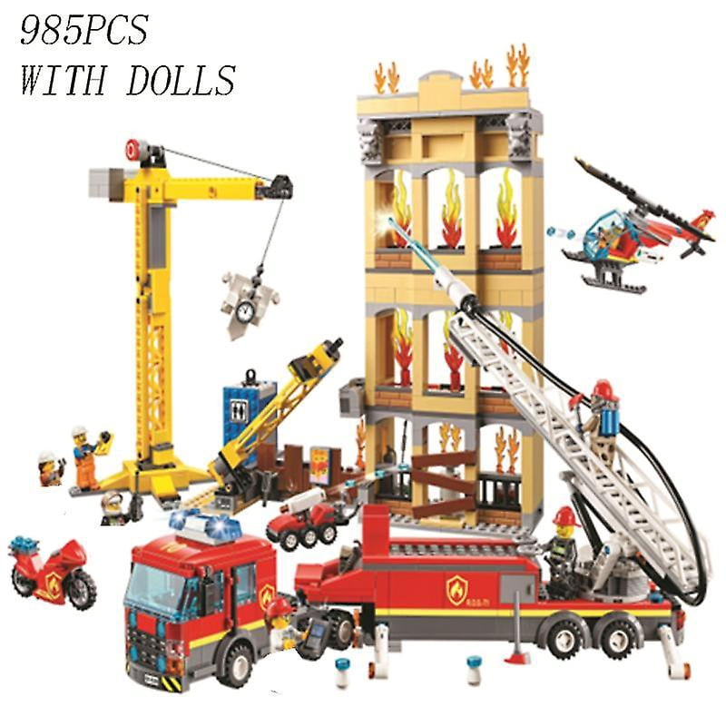 All Cities Fire Station Model Building Blocks Car Helicopter Construction Firefighter Man Truck Bricks Toys For Child Kid Gift