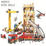 Toutes les villes Fire Station Model Building Blocks Construction de voiture Hélicoptère Pompier Homme Camion Bricks Jouets Kid Gift pour enfant