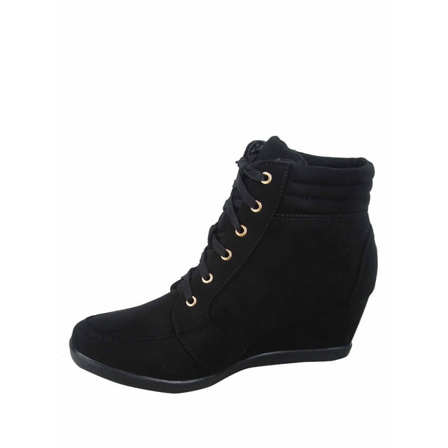 Peggy-53 Chaussures de Sport Montantes pour Femmes à Bout Rond à Lacets en Noir, Taille 7. Conçues avec une Tige en faux Suède, Bout Rond, Fermeture à Lacets et Fermeture Éclair Latérale Décorative. Dotées d'Un Talon Compensé de 3 Pouces, d'Une Semelle Intérieure Légèrement Rembourrée, et Idéales pour une Tenue Décontractée Ou des collections de Espadrilles pour Femmes.